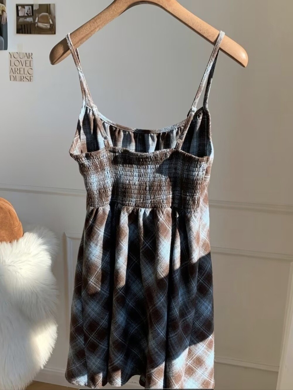 Women'S Brown Blue Plaid Spaghetti Strap Mini Dress, Bow Detail And A-Line Fit - Picture 4 of 6